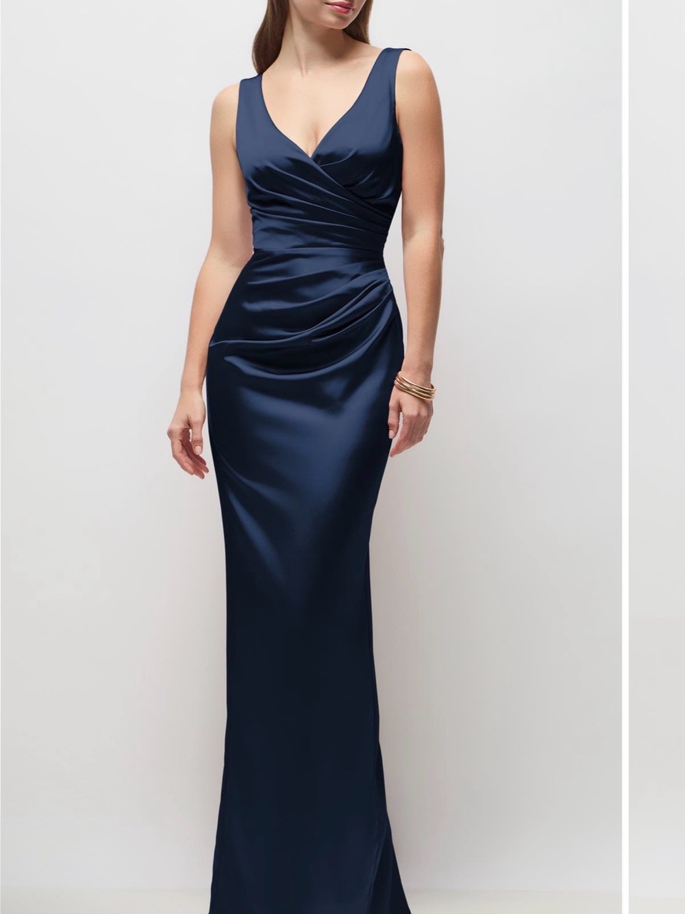 After Six Deep Navy Satin V-Neck Ruched Maxi Dress